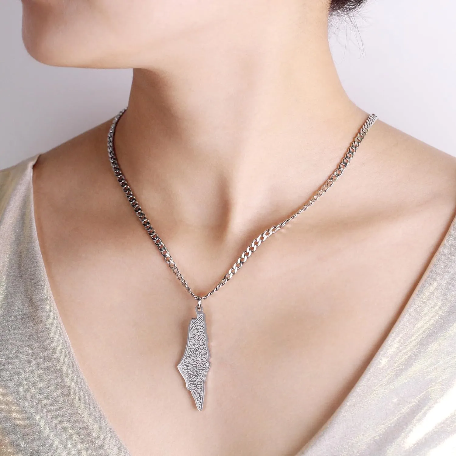Stainless Steel Palestine Map Necklace for Men - Arabic Calligraphy National Pride Jewelry YA5136