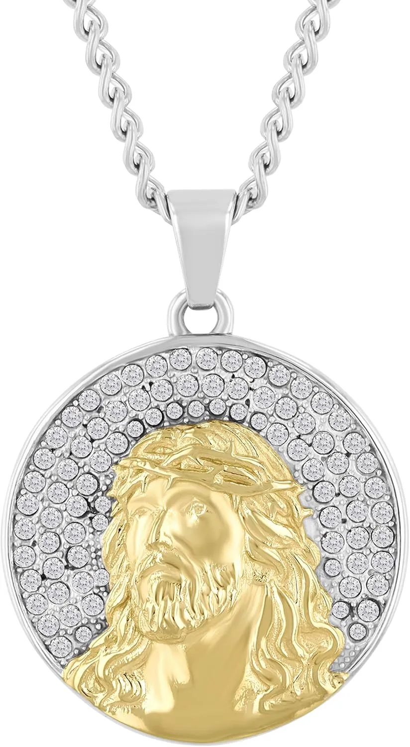 Stainless Steel Religious Medallion with Yellow Finish  Crystal-Accented Jesus Pendant Jewelry Accessory