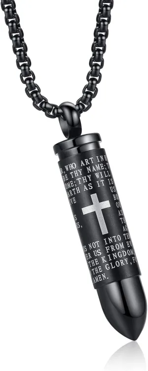 Stainless Steel Urn Necklace For Ashes Bullet Shaped Cremation Urn Jewelry Lords Prayer Mens Urn Pendant Necklace Waterproof