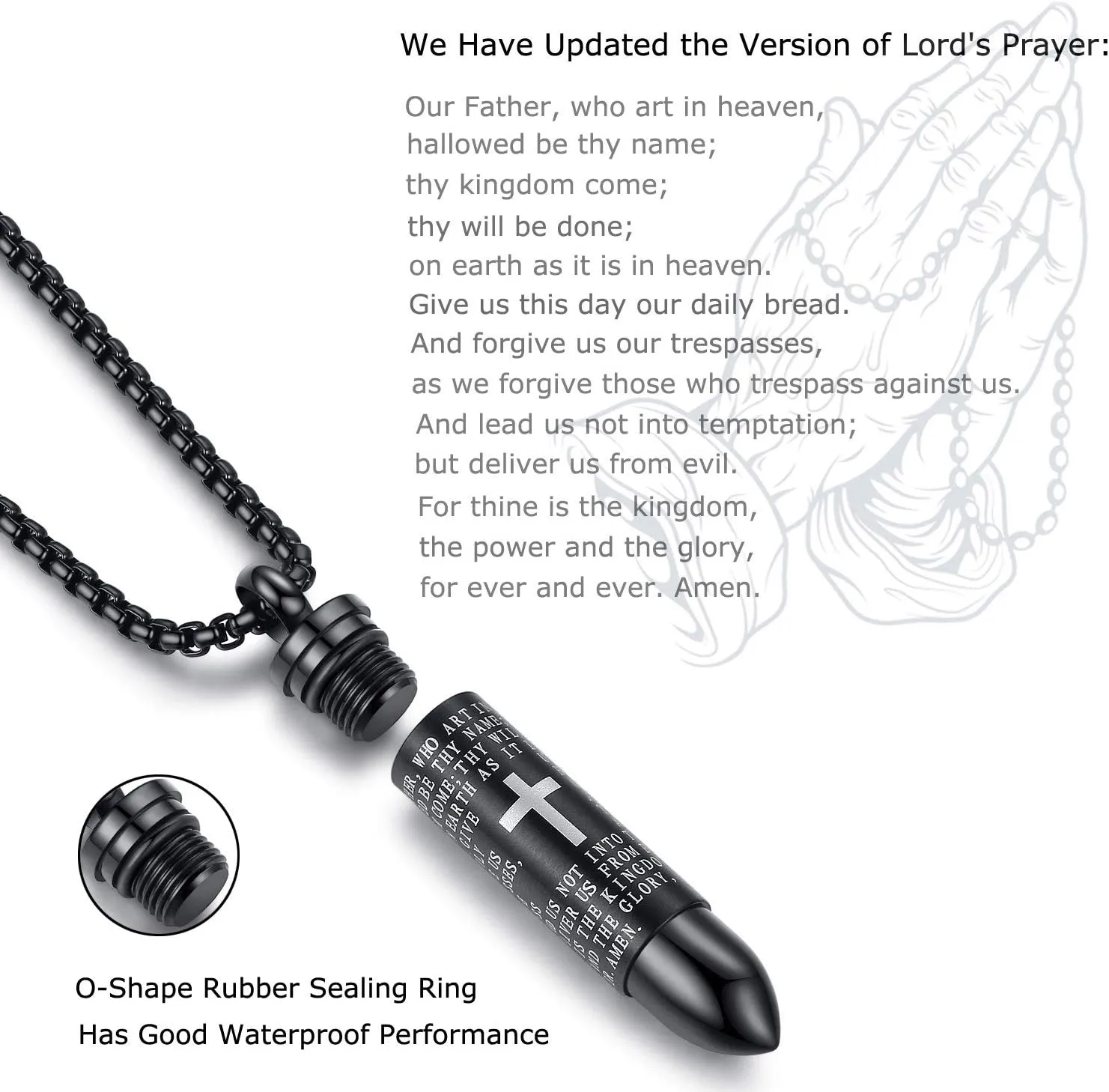 Stainless Steel Urn Necklace For Ashes Bullet Shaped Cremation Urn Jewelry Lords Prayer Mens Urn Pendant Necklace Waterproof