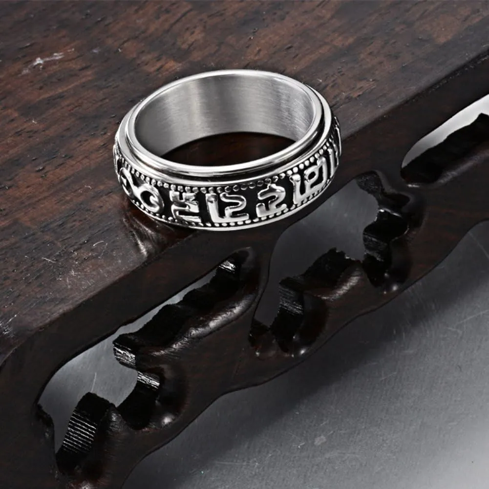 Stainless Tibetan Buddhist Six True Syllable Mantra Sanskrit Om Mani Padme Hum Spinner Ring