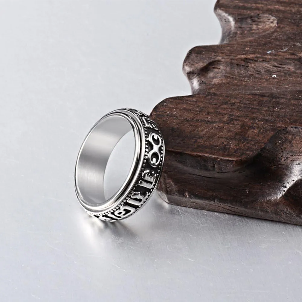 Stainless Tibetan Buddhist Six True Syllable Mantra Sanskrit Om Mani Padme Hum Spinner Ring