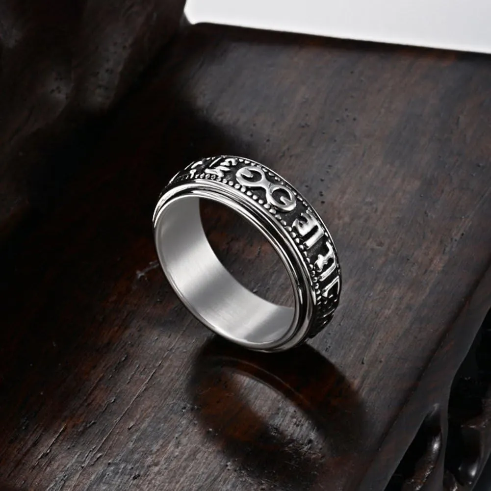 Stainless Tibetan Buddhist Six True Syllable Mantra Sanskrit Om Mani Padme Hum Spinner Ring