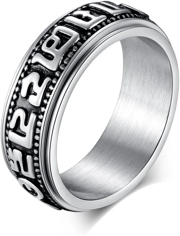 Stainless Tibetan Buddhist Six True Syllable Mantra Sanskrit Om Mani Padme Hum Spinner Ring
