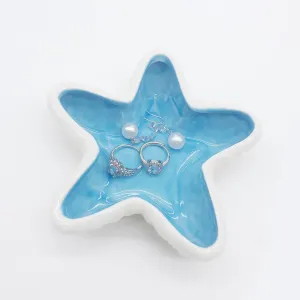 Starfish Jewelry Dish, Small Beach Ceramic Jewelry Tray, Ocean Seashell Jewelry Holder Dish Trinket Tray, Coastal Shell Ring Dish, Nightstand Decor Jewelry Plate Tray, Jewelry Bowl (Blue)