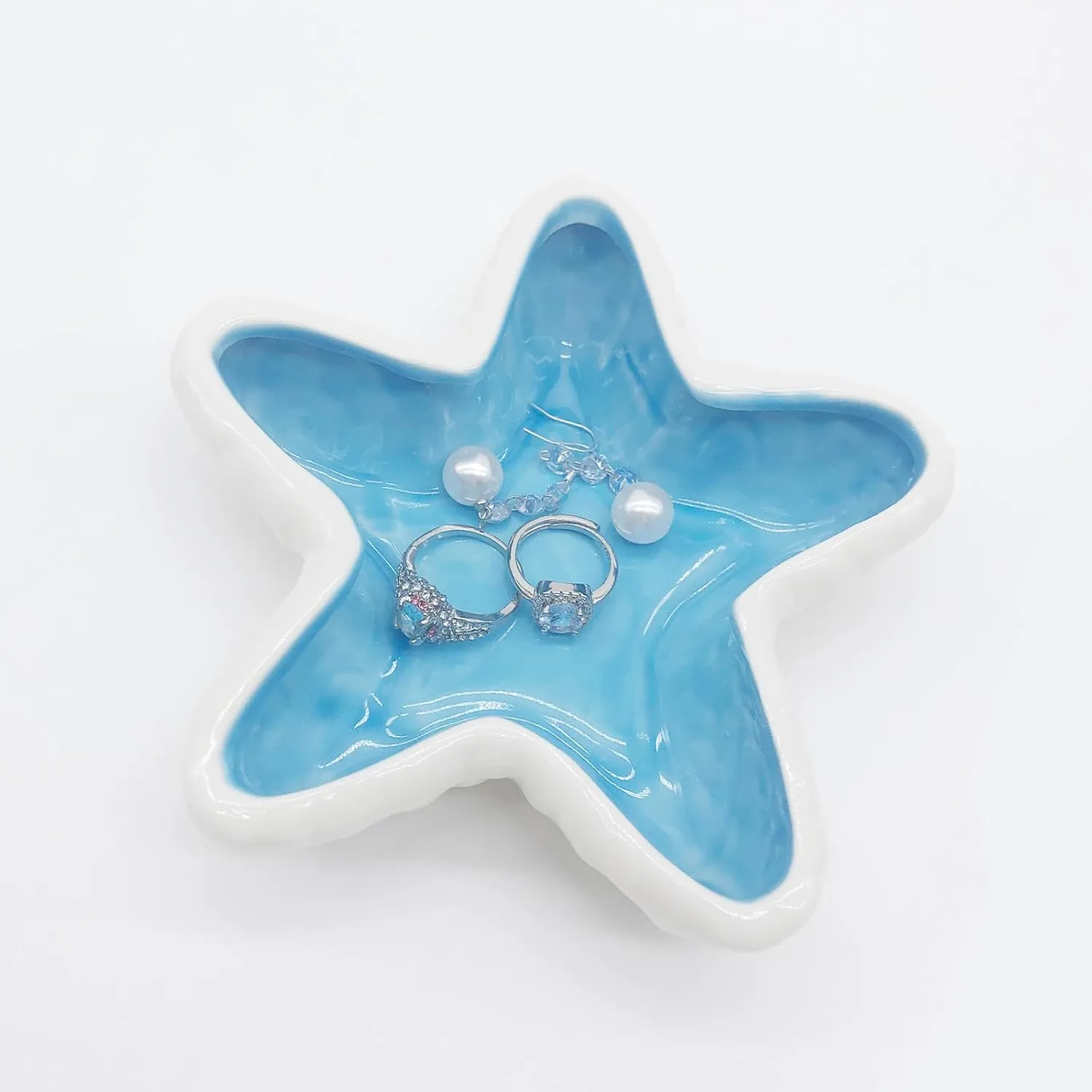 Starfish Jewelry Dish, Small Beach Ceramic Jewelry Tray, Ocean Seashell Jewelry Holder Dish Trinket Tray, Coastal Shell Ring Dish, Nightstand Decor Jewelry Plate Tray, Jewelry Bowl (Blue)