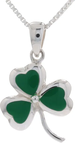 Sterling Silver Celtic Clover Shamrock Pendant Necklace 18" Green