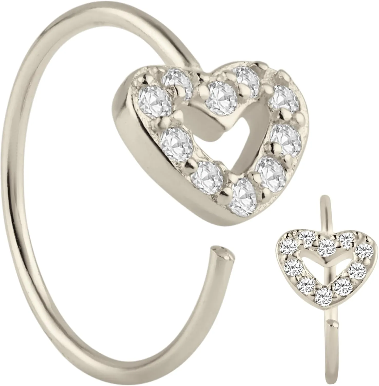 Sterling Silver Heart Nose Hoop Ring with CZ Crystals, 22G, 8mm, .925 Silver