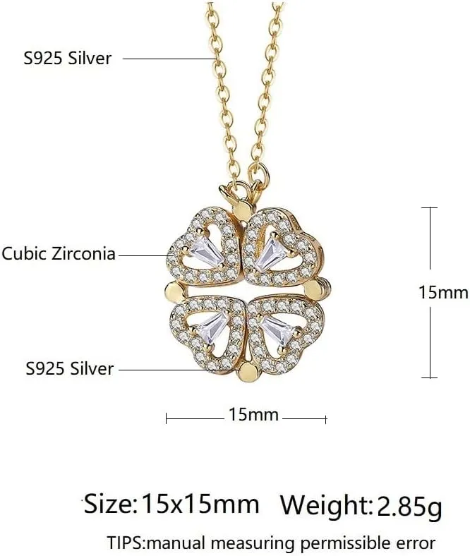 Sterling Silver Heart Shaped and Four Leaf Clover Convertible Pendant Necklace Crystals Jewelry for Women