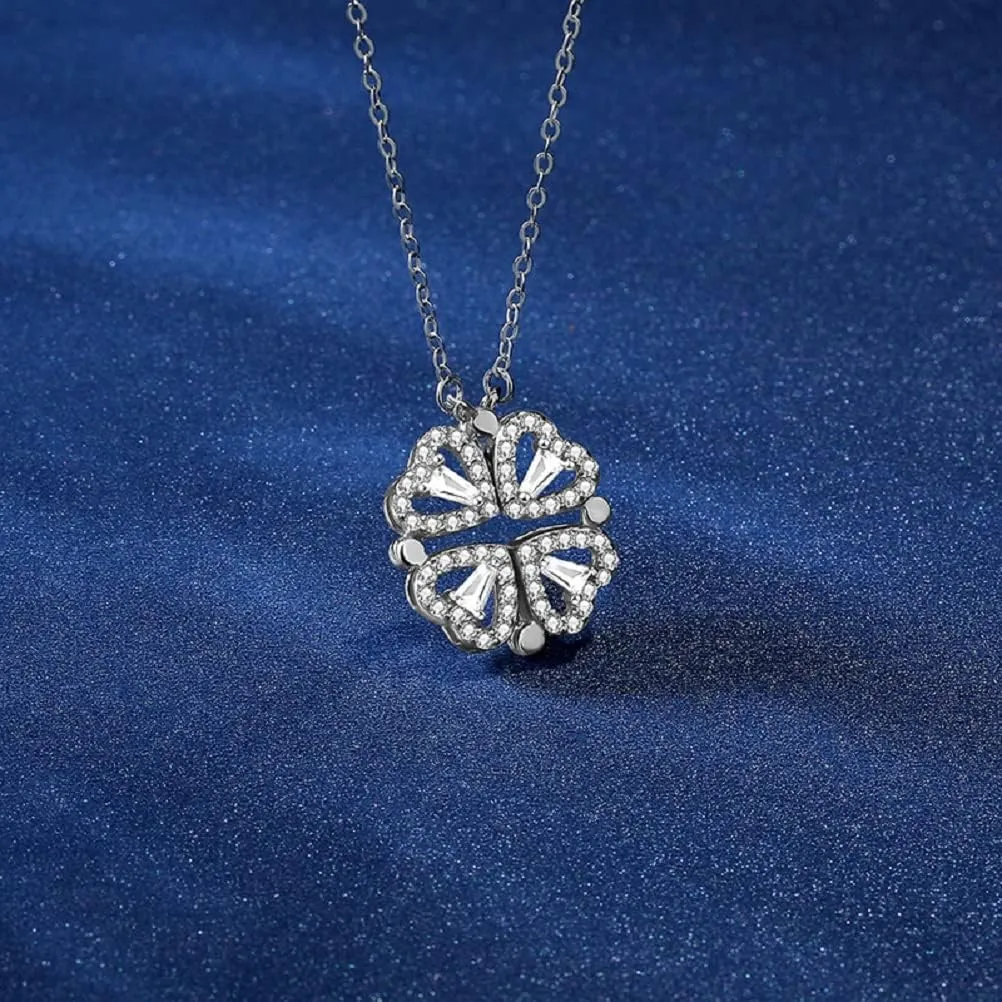 Sterling Silver Heart Shaped and Four Leaf Clover Convertible Pendant Necklace Crystals Jewelry for Women