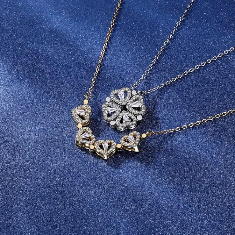 Sterling Silver Heart Shaped and Four Leaf Clover Convertible Pendant Necklace Crystals Jewelry for Women