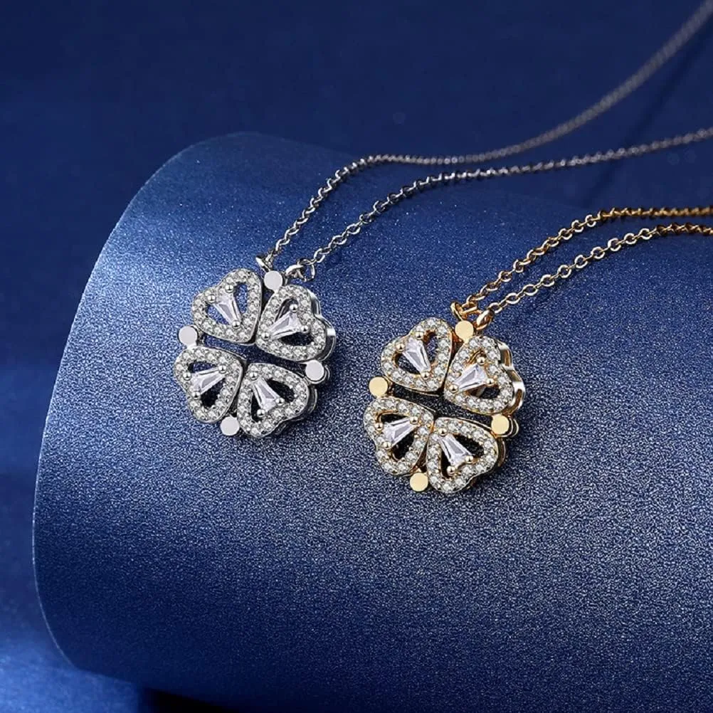Sterling Silver Heart Shaped and Four Leaf Clover Convertible Pendant Necklace Crystals Jewelry for Women