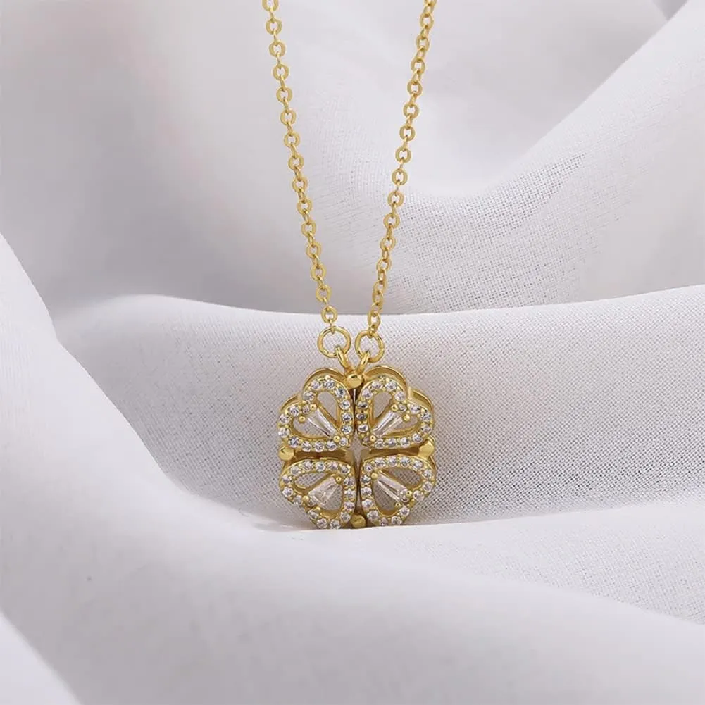 Sterling Silver Heart Shaped and Four Leaf Clover Convertible Pendant Necklace Crystals Jewelry for Women