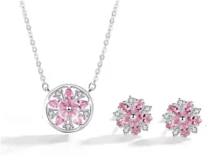 Sterling Silver Sakura Flower Pendant Necklace, Pink Jewelry Set