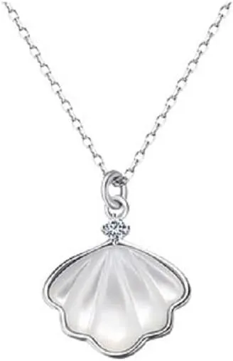 Sterling Silver Seashell Leaf Pendant Necklace Shellfish with Cubic Zirconia Jewelry
