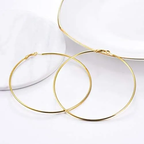 Stylish Hoop Earrings for Women, Black/18K Gold Plated Stainless Steel Hoop Earrings Hypoallergenic, 50mm/70mm/100mm, Come with Box