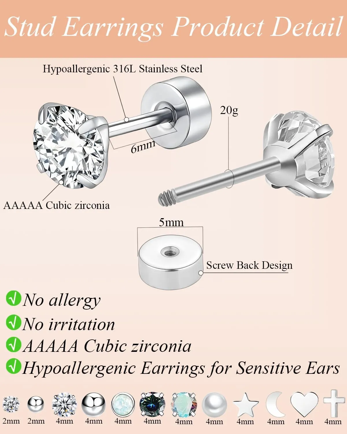 Surgical Steel Stud Earrings for Women, Hypoallergenic Flat Back Earrings for Sensitive Ears, Small Cartilage Huggie Hoop Earrings Ball CZ Opal Screw Back Stud Earrings for Women Men