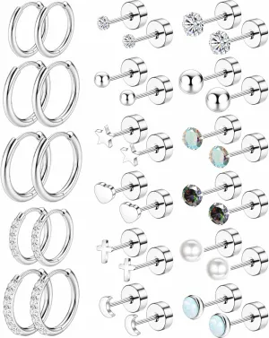 Surgical Steel Stud Earrings for Women, Hypoallergenic Flat Back Earrings for Sensitive Ears, Small Cartilage Huggie Hoop Earrings Ball CZ Opal Screw Back Stud Earrings for Women Men