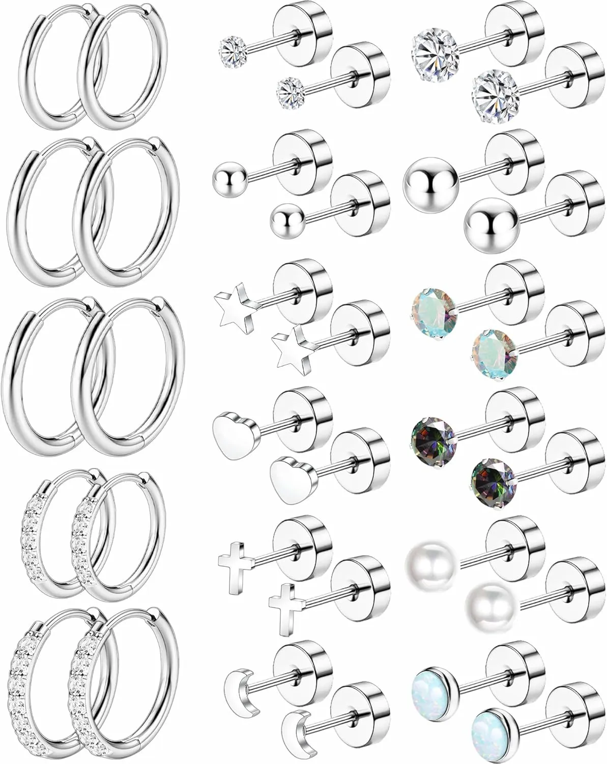 Surgical Steel Stud Earrings for Women, Hypoallergenic Flat Back Earrings for Sensitive Ears, Small Cartilage Huggie Hoop Earrings Ball CZ Opal Screw Back Stud Earrings for Women Men