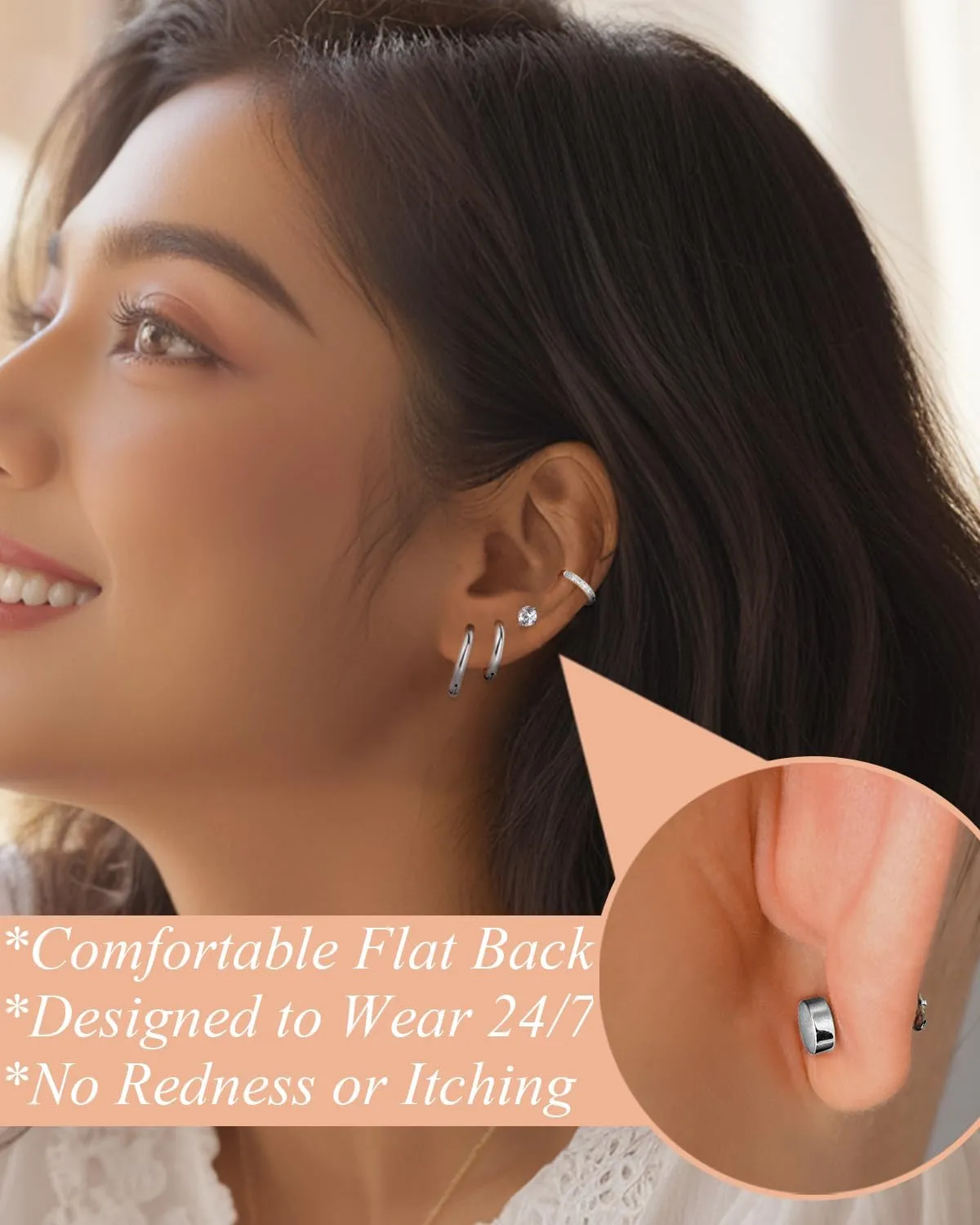 Surgical Steel Stud Earrings for Women, Hypoallergenic Flat Back Earrings for Sensitive Ears, Small Cartilage Huggie Hoop Earrings Ball CZ Opal Screw Back Stud Earrings for Women Men
