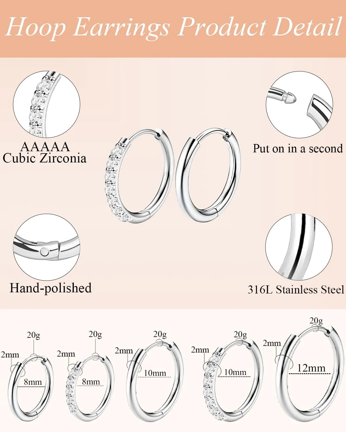 Surgical Steel Stud Earrings for Women, Hypoallergenic Flat Back Earrings for Sensitive Ears, Small Cartilage Huggie Hoop Earrings Ball CZ Opal Screw Back Stud Earrings for Women Men