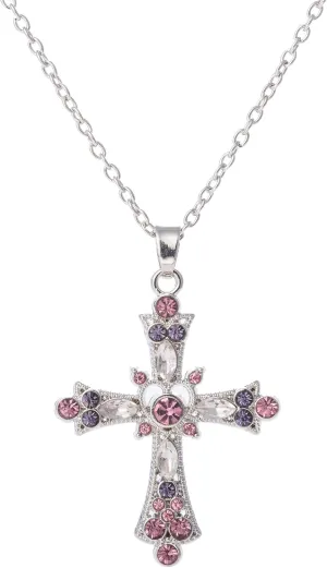 TEAMER Pink Crystal Cross Pendant Necklace Gothic Punk Colorful Cross Zircon Choker for Egirl Eboy Woman