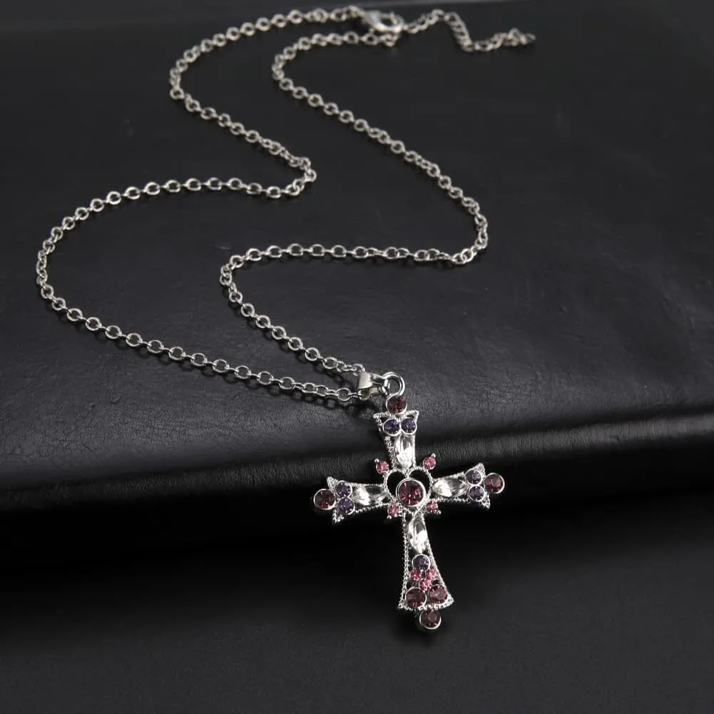 TEAMER Pink Crystal Cross Pendant Necklace Gothic Punk Colorful Cross Zircon Choker for Egirl Eboy Woman