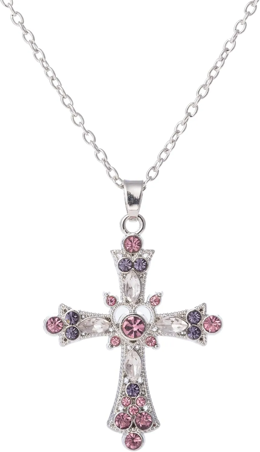 TEAMER Pink Crystal Cross Pendant Necklace Gothic Punk Colorful Cross Zircon Choker for Egirl Eboy Woman