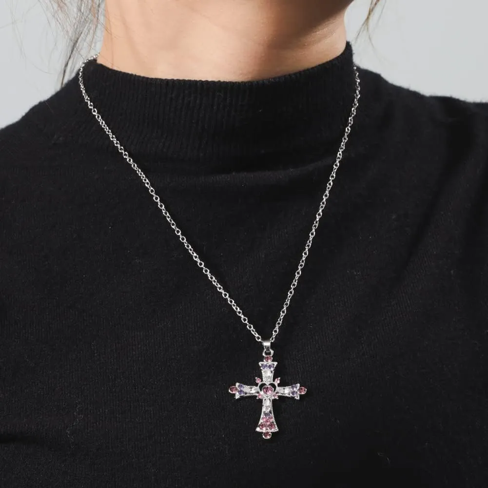 TEAMER Pink Crystal Cross Pendant Necklace Gothic Punk Colorful Cross Zircon Choker for Egirl Eboy Woman