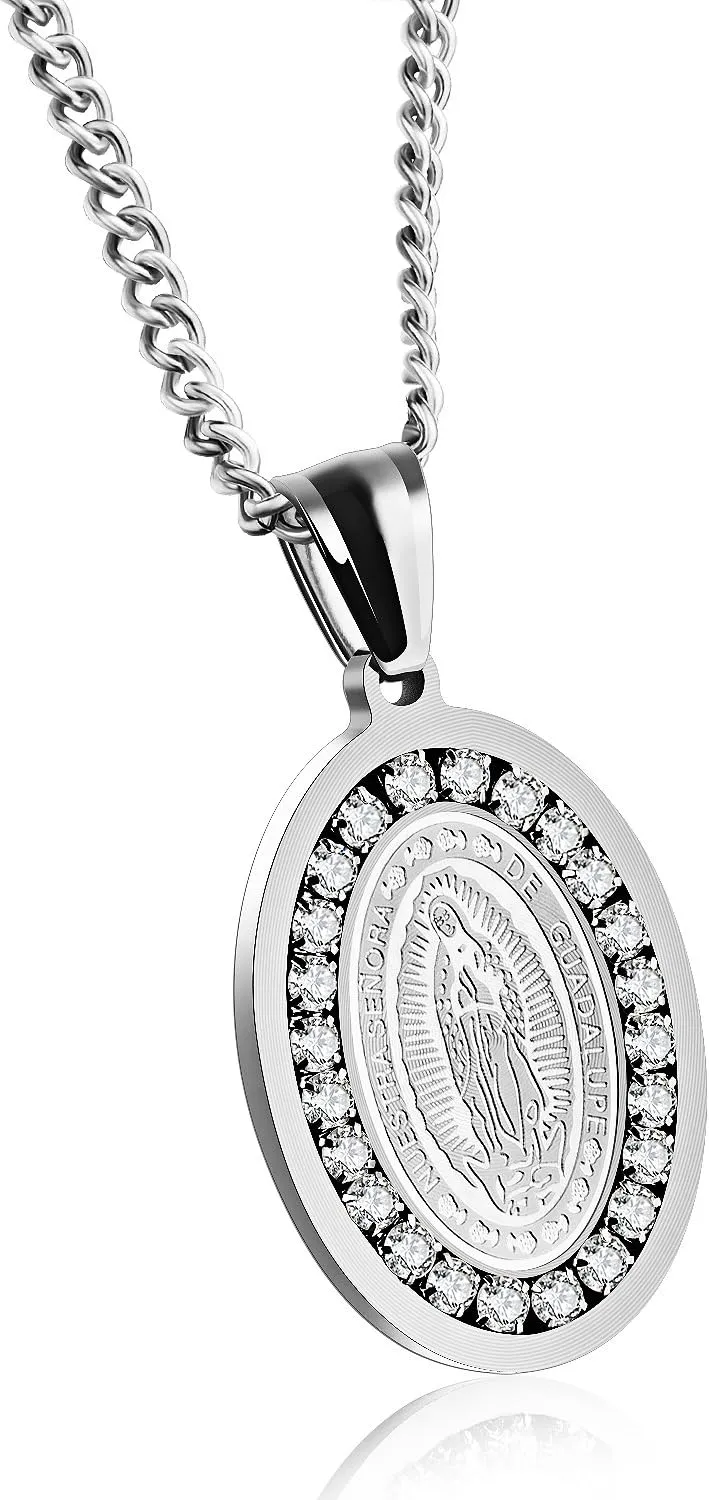 TEMICO Stainless Steel Cubic Zirconia Our Lady of Guadalupe Virgin Mary Oval Medal Necklace Silver & Gold Color