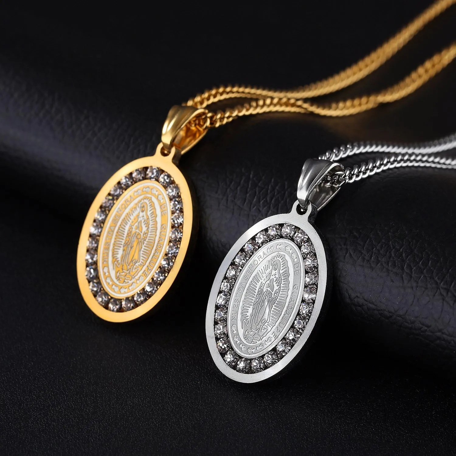 TEMICO Stainless Steel Cubic Zirconia Our Lady of Guadalupe Virgin Mary Oval Medal Necklace Silver & Gold Color