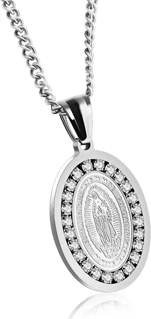 TEMICO Stainless Steel Cubic Zirconia Our Lady of Guadalupe Virgin Mary Oval Medal Necklace Silver & Gold Color