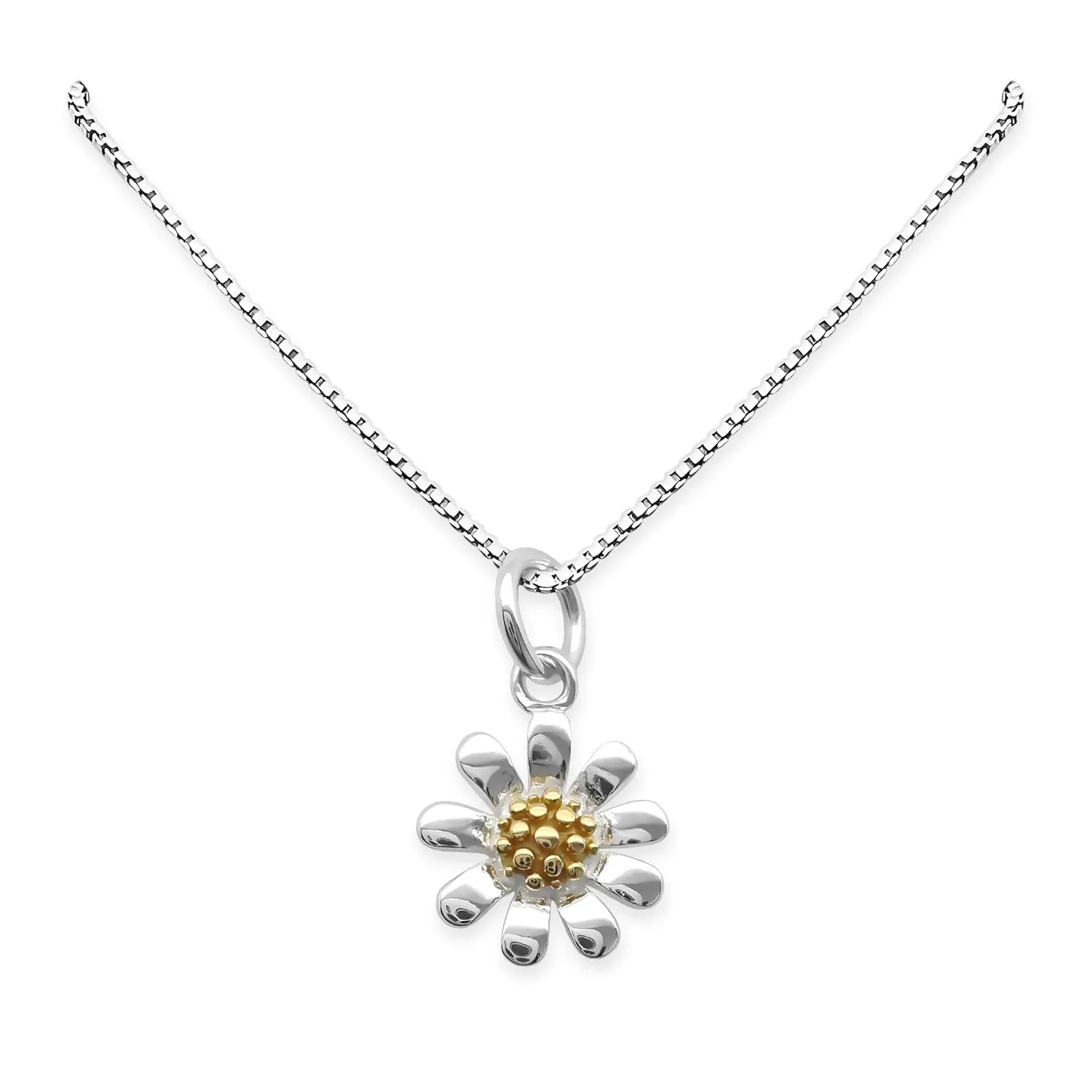 Tiny and Dainty Sterling Silver Daisy Necklace for Women and Teen Girls, Two Tone Flower Pendant Charm Necklace, Silver Flower Necklace for Wedding (14 inches plus 2-inch extender)