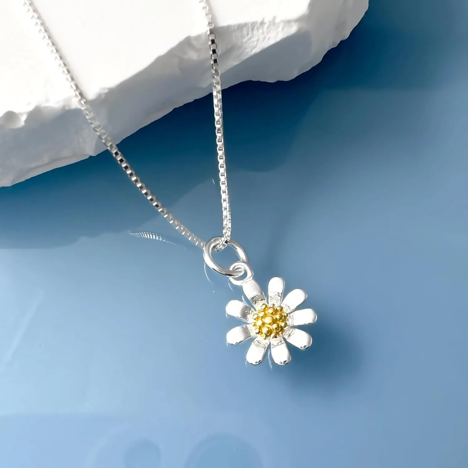 Tiny and Dainty Sterling Silver Daisy Necklace for Women and Teen Girls, Two Tone Flower Pendant Charm Necklace, Silver Flower Necklace for Wedding (14 inches plus 2-inch extender)