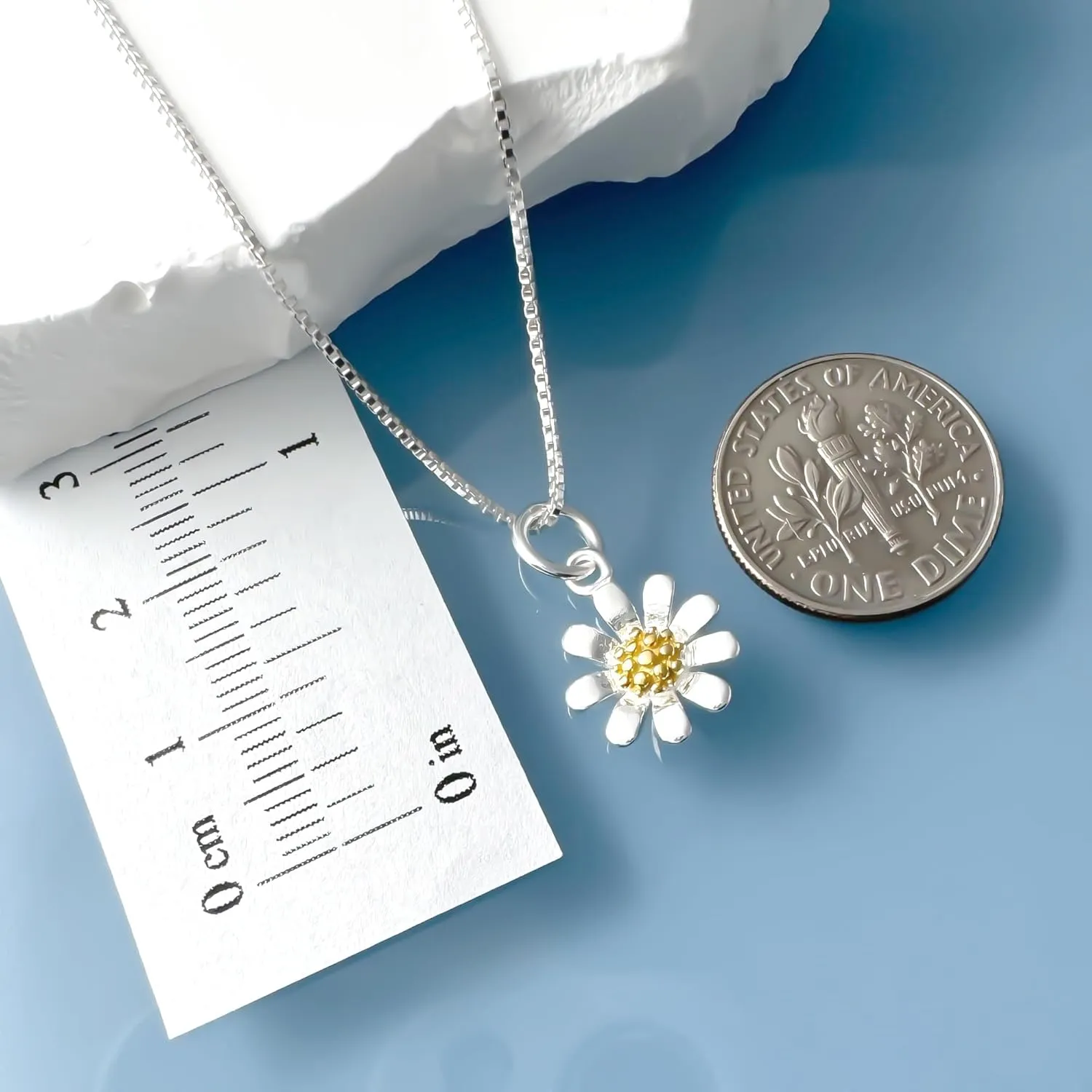 Tiny and Dainty Sterling Silver Daisy Necklace for Women and Teen Girls, Two Tone Flower Pendant Charm Necklace, Silver Flower Necklace for Wedding (14 inches plus 2-inch extender)