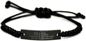 to Jewish Hebrew Prayer Bracelet, Here O Israel The Lord is Our God, Inspirational Message Gifts for Men and Women, Black Stainless Steel Braided Rope Bracelet