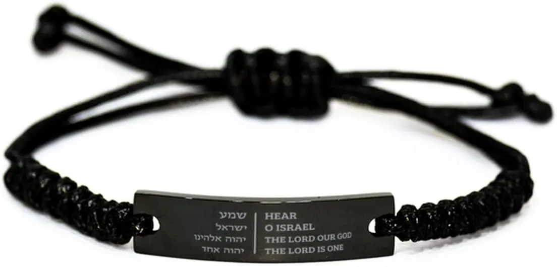 to Jewish Hebrew Prayer Bracelet, Here O Israel The Lord is Our God, Inspirational Message Gifts for Men and Women, Black Stainless Steel Braided Rope Bracelet