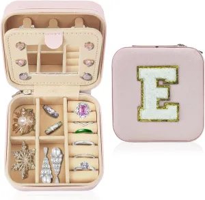 Travel Jewelry Case Organizer, Gifts for Women Teen Girls Initial Jewelry box with Mirror Vacation Beach Essentials Ring Necklace Earring Organizer Box (E)