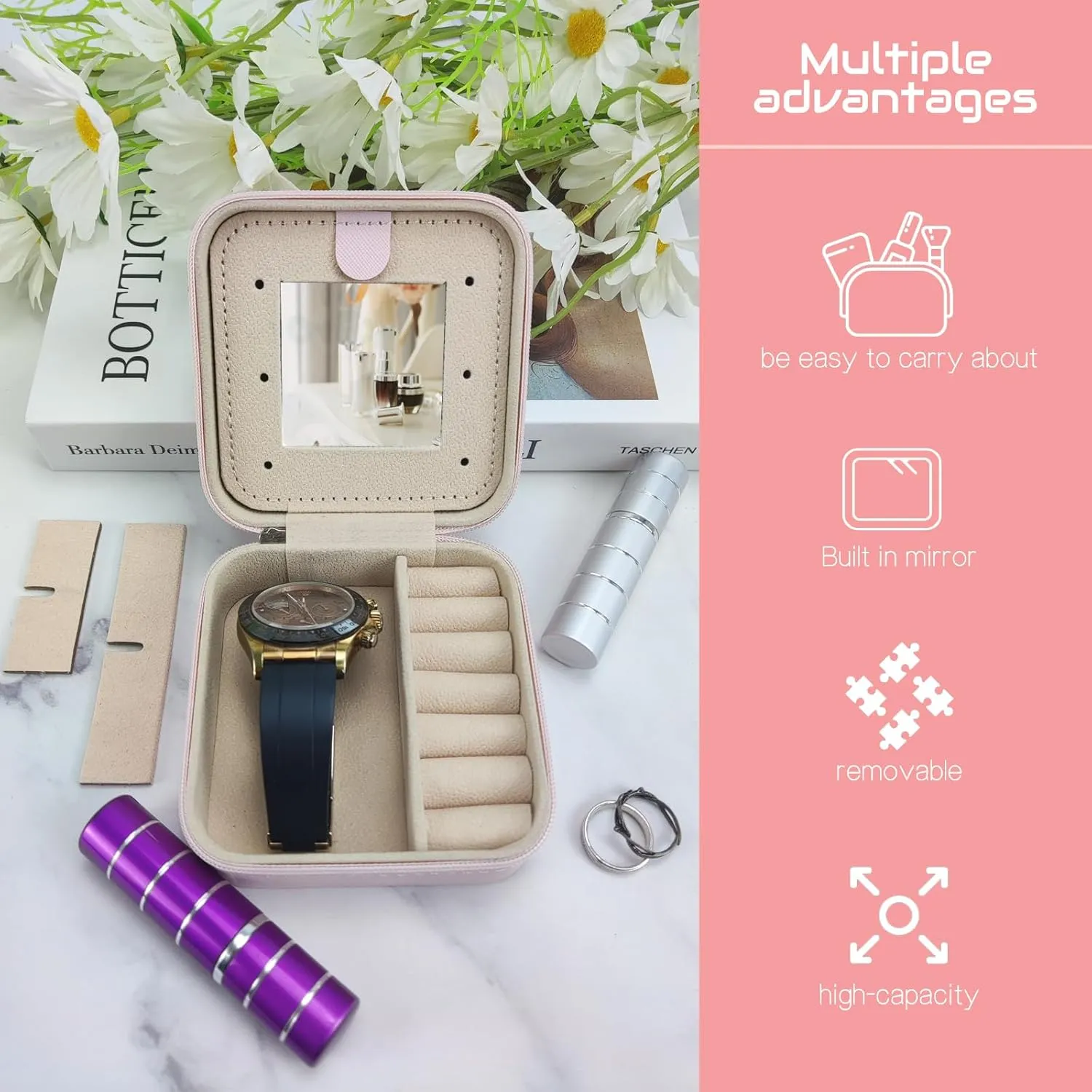 Travel Jewelry Case Organizer, Gifts for Women Teen Girls Initial Jewelry box with Mirror Vacation Beach Essentials Ring Necklace Earring Organizer Box (R)