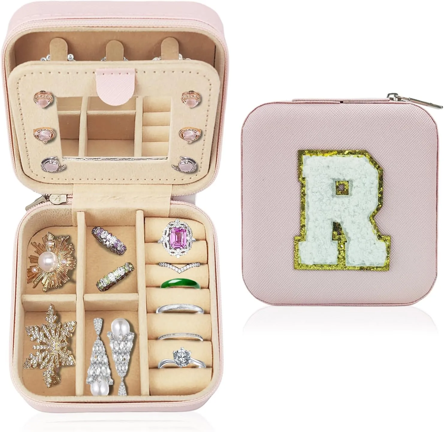 Travel Jewelry Case Organizer, Gifts for Women Teen Girls Initial Jewelry box with Mirror Vacation Beach Essentials Ring Necklace Earring Organizer Box (R)