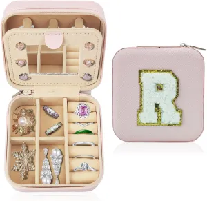 Travel Jewelry Case Organizer, Gifts for Women Teen Girls Initial Jewelry box with Mirror Vacation Beach Essentials Ring Necklace Earring Organizer Box (R)