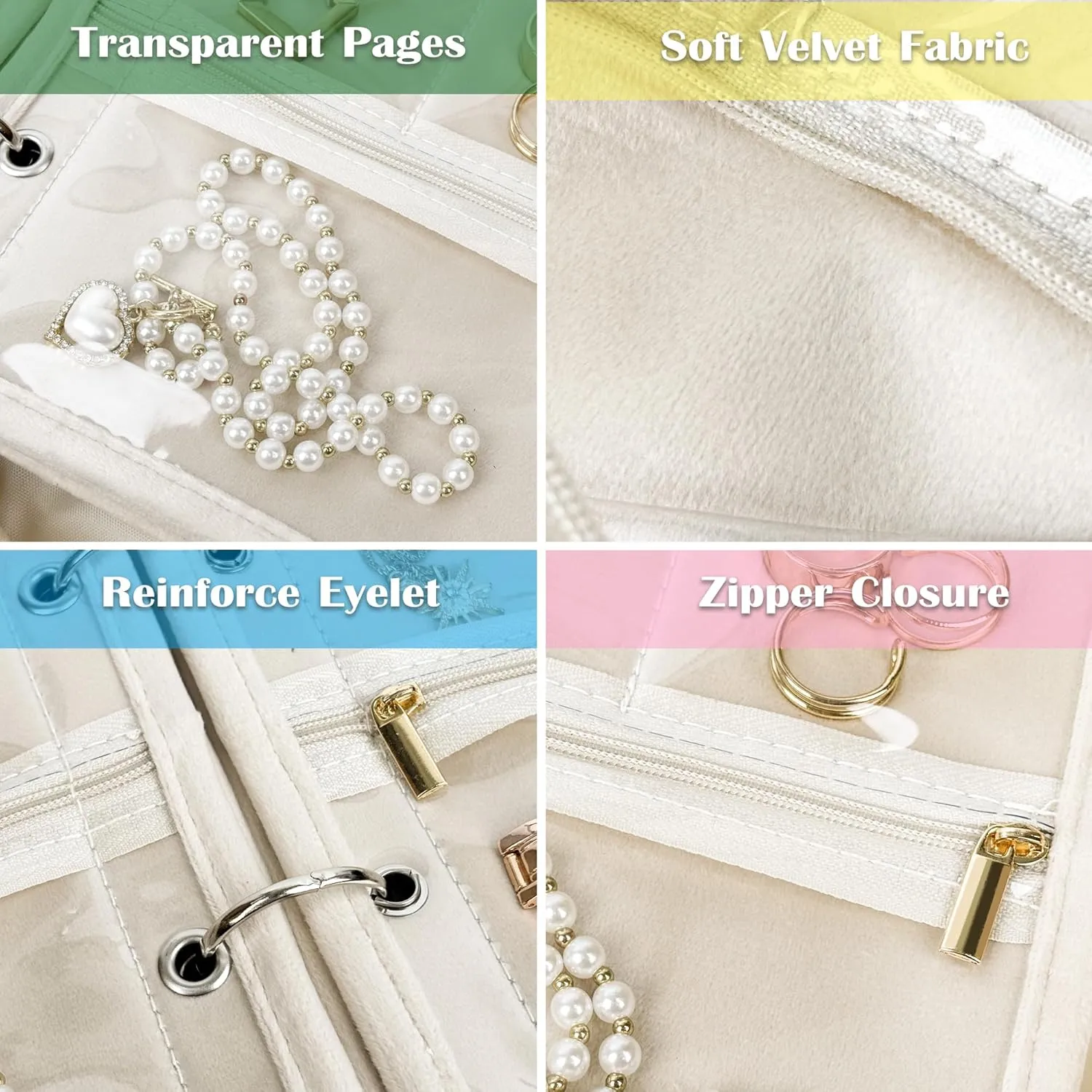 Travel Jewelry Organizer Case,Small Jewelry Bags Jewelry Storage Book Binder with Clear Zipper Velvet Pouch for Traveling,Earrings, Rings, Necklace, Bracelet (Pink)