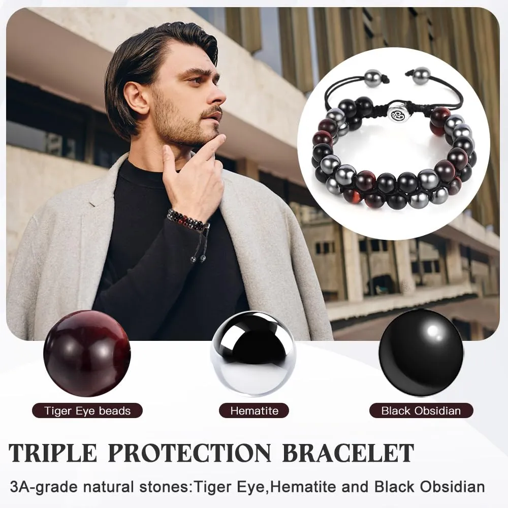 Triple Protection Bracelet - for Protect & Balance - Energy Crystal Bracelets for Men Women - Bring Good Luck & Prosperity - Tiger Eye Hematite & Black Obsidian Jewelry Natural Stone Healing Bracelet