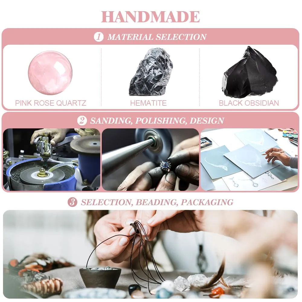 Triple Protection Bracelet - for Protect & Balance - Energy Crystal Bracelets for Men Women - Bring Good Luck - Pink Rose Quartz Hematite & Black Obsidian Jewelry Natural Stone Healing Bracelet