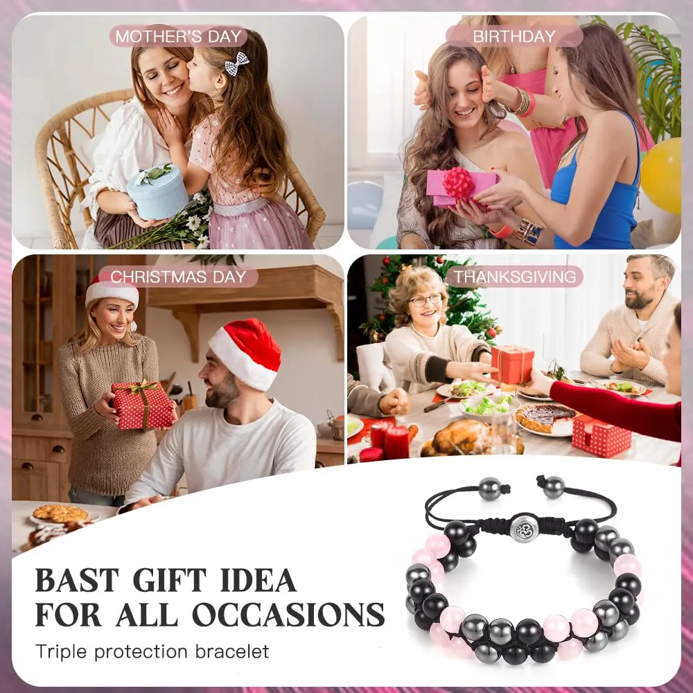 Triple Protection Bracelet - for Protect & Balance - Energy Crystal Bracelets for Men Women - Bring Good Luck - Pink Rose Quartz Hematite & Black Obsidian Jewelry Natural Stone Healing Bracelet