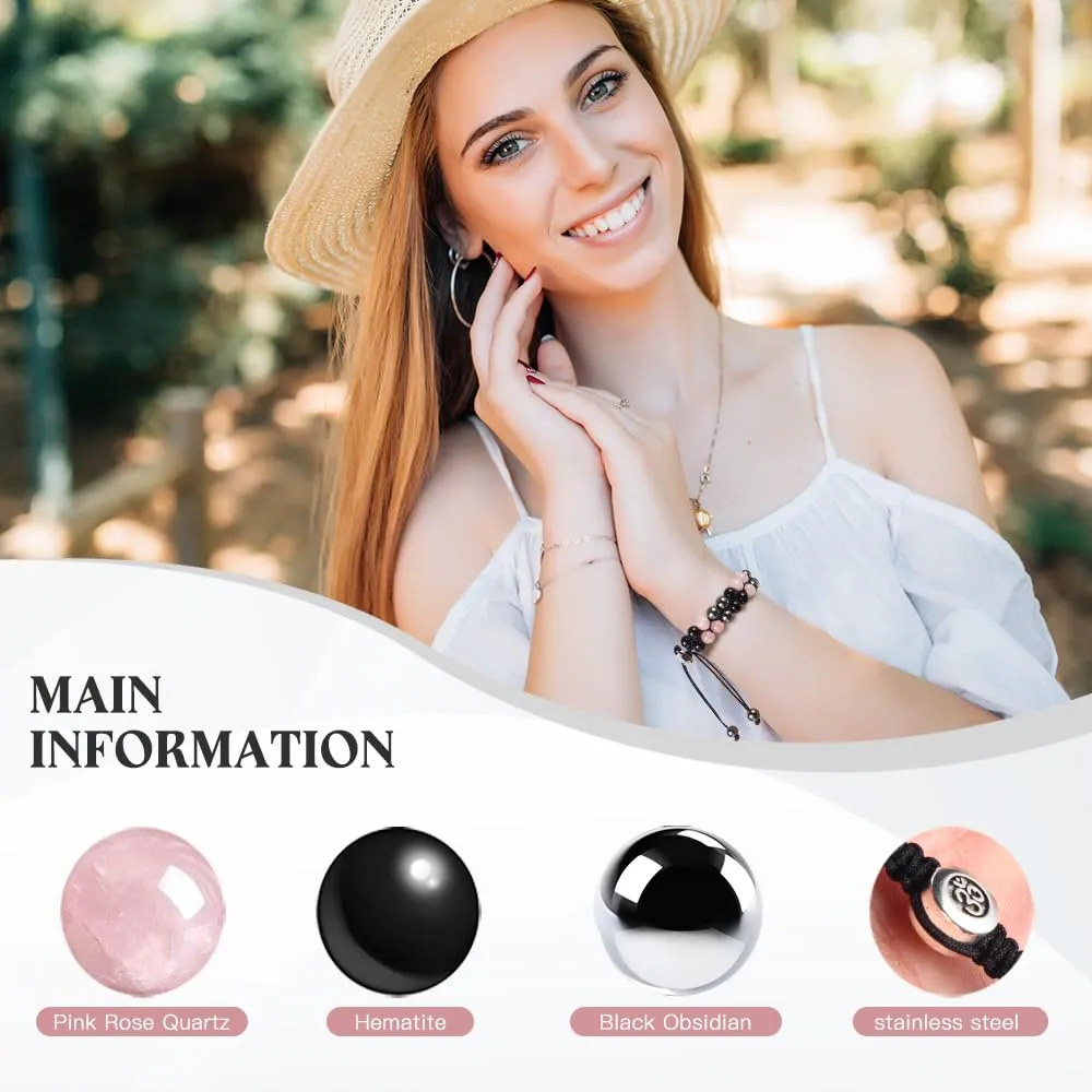 Triple Protection Bracelet - for Protect & Balance - Energy Crystal Bracelets for Men Women - Bring Good Luck - Pink Rose Quartz Hematite & Black Obsidian Jewelry Natural Stone Healing Bracelet