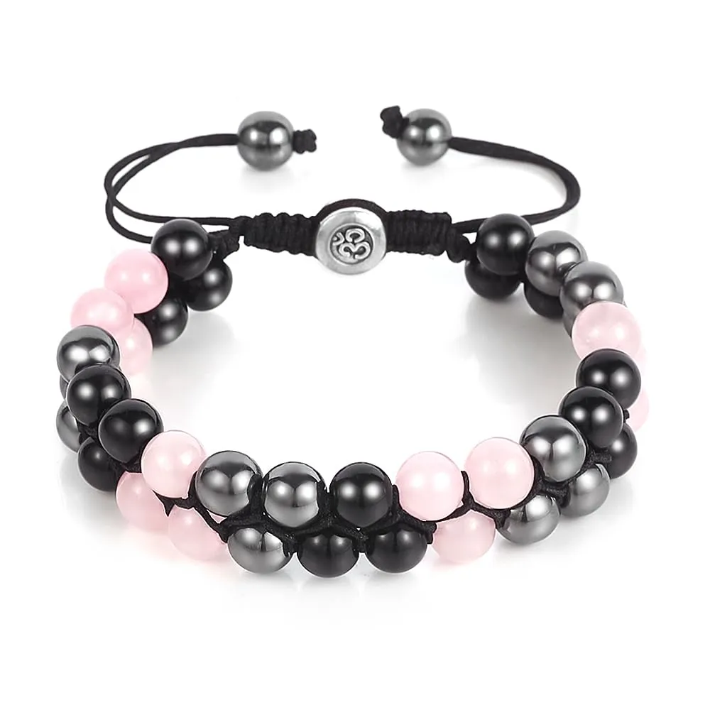 Triple Protection Bracelet - for Protect & Balance - Energy Crystal Bracelets for Men Women - Bring Good Luck - Pink Rose Quartz Hematite & Black Obsidian Jewelry Natural Stone Healing Bracelet