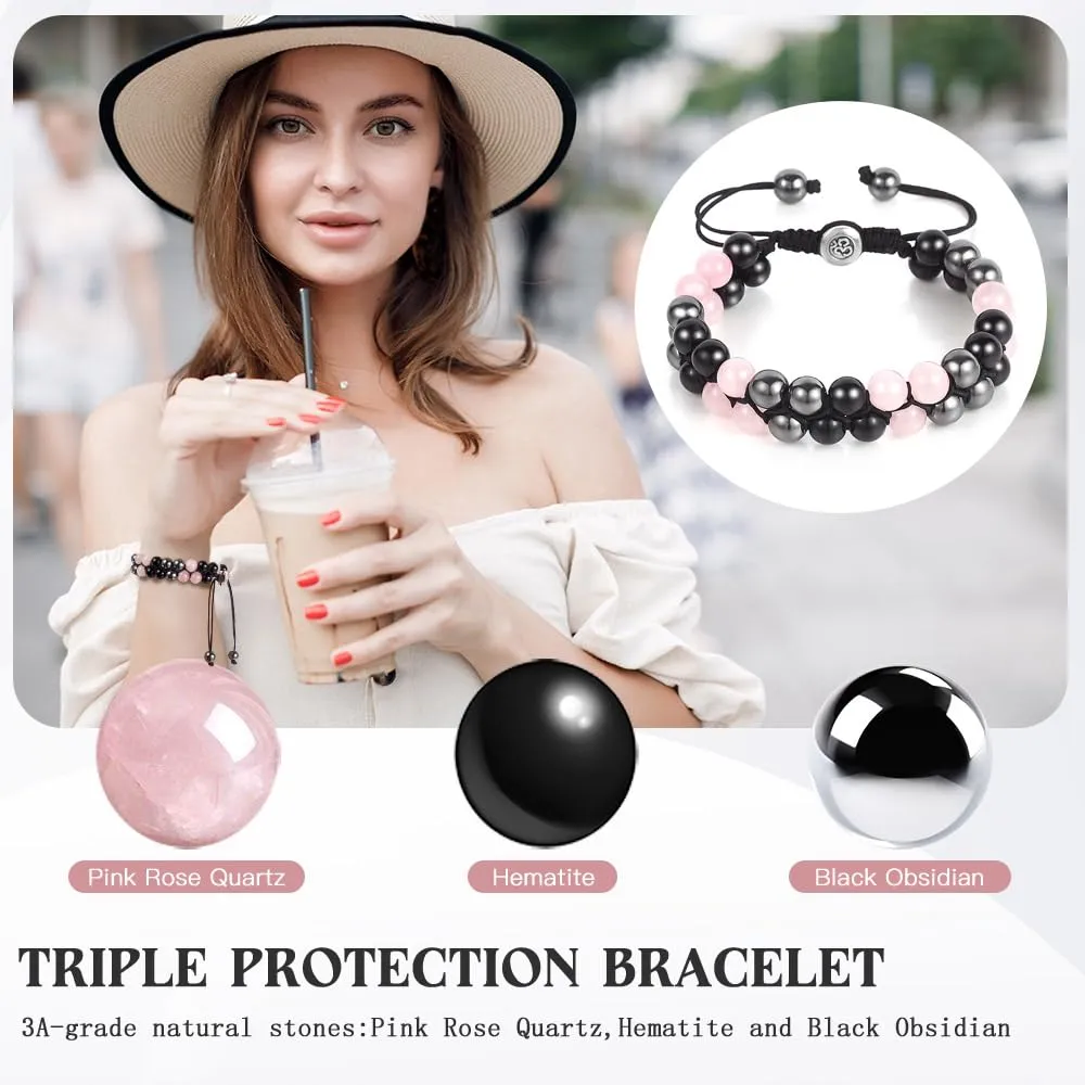 Triple Protection Bracelet - for Protect & Balance - Energy Crystal Bracelets for Men Women - Bring Good Luck - Pink Rose Quartz Hematite & Black Obsidian Jewelry Natural Stone Healing Bracelet