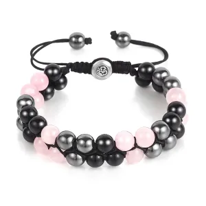 Triple Protection Bracelet - for Protect & Balance - Energy Crystal Bracelets for Men Women - Bring Good Luck - Pink Rose Quartz Hematite & Black Obsidian Jewelry Natural Stone Healing Bracelet