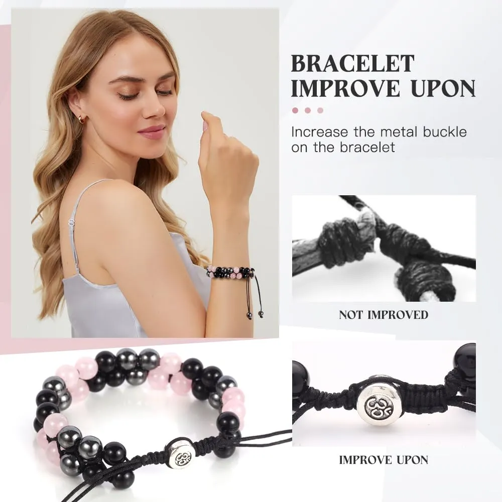 Triple Protection Bracelet - for Protect & Balance - Energy Crystal Bracelets for Men Women - Bring Good Luck - Pink Rose Quartz Hematite & Black Obsidian Jewelry Natural Stone Healing Bracelet
